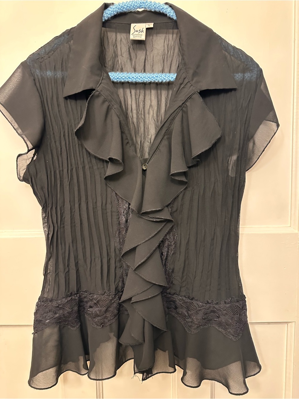 ⭐️ Sash Lg Black Ruffled Sheer Women’s Blouse